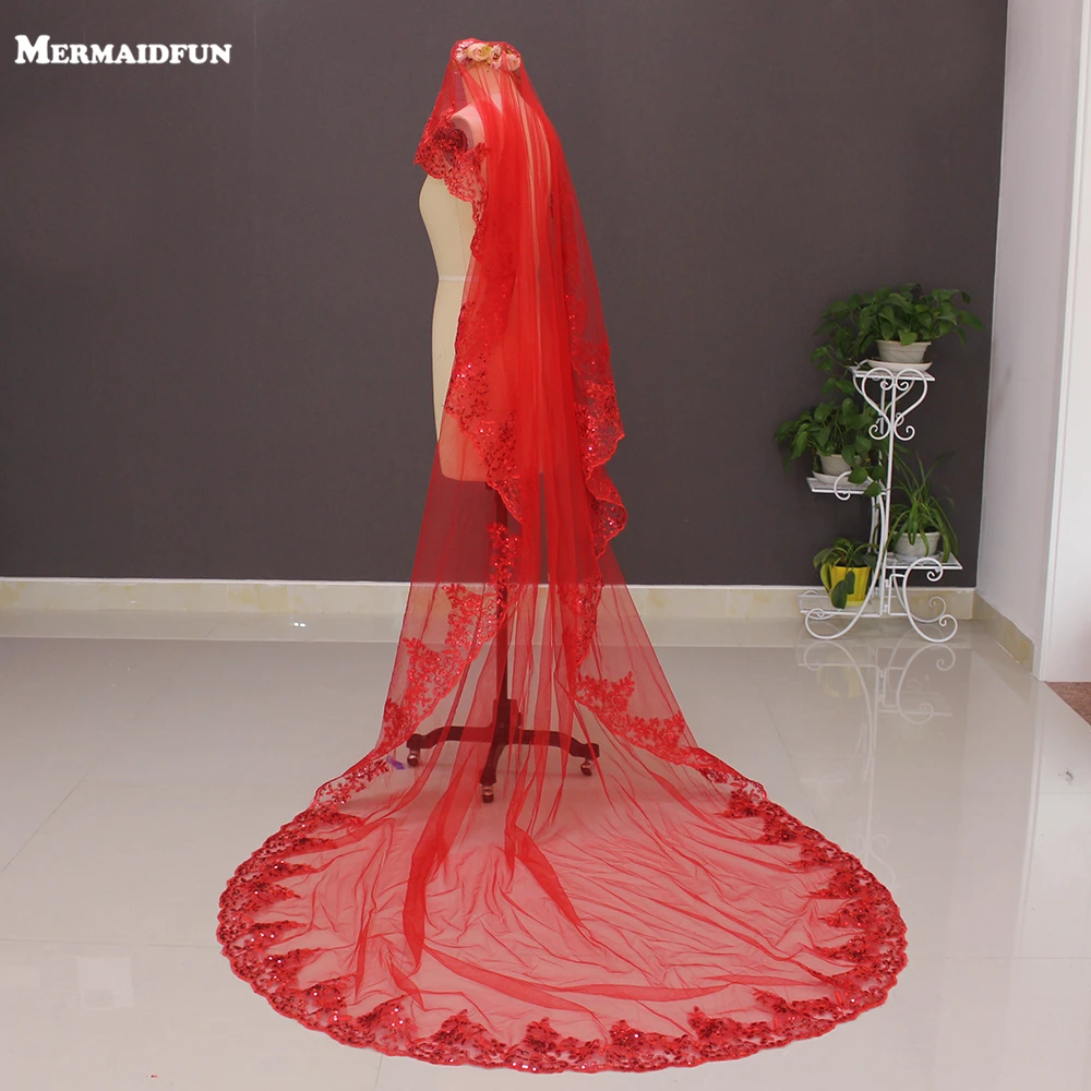 

2019 New One Layer Lace Appliques Red Long Wedding Veil without Comb 3 Meters Long Bridal Veil Voile Mariage