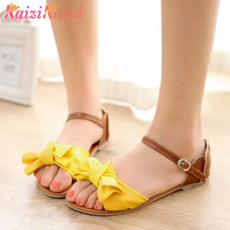 

KaiziKarzi Big size 34-45 Women Shoes Summer Flat Sandals Bowtie Patchwork Designer Ladies Flat shoes Buckle Flower FaSweet Good