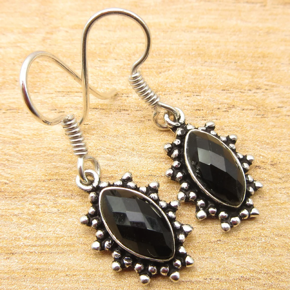 Silver Plated Natural BLACK ONYX Earrings 1.4" SHANTIINTERNATIONAL