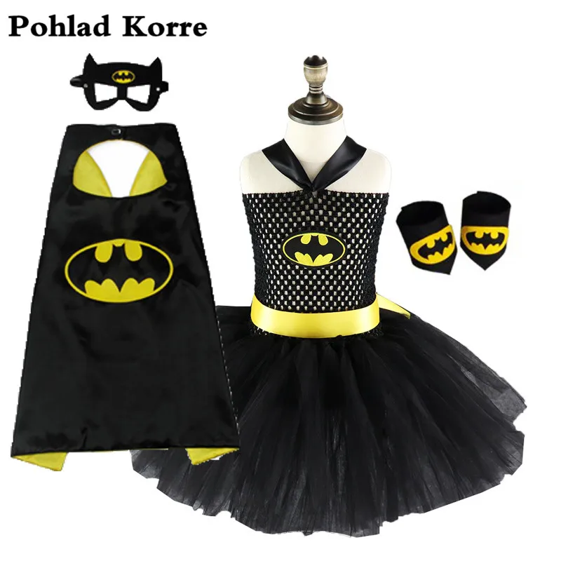 

4 Pcs Black Superhero Bat Girl Tutu Dress Belt Super Hero Batgirl Dresses Birthday Party Dress Super Girl Halloween Costume XX00
