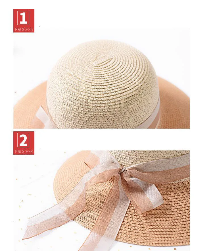 Ymsaid New Color Colorblock Ribbon Female Straw Hats Summer Seaside Resort Foldable Beach Hat Girl Wide Side Sun Hat