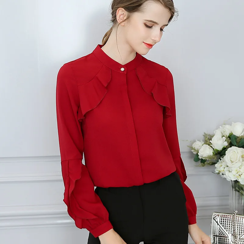 

New 2018 Spring Summer Long-sleeve Chiffon Shirt Fashion Office Street Plus Size Bottom Shirts Ruffles Slim Women Blouses 2XL
