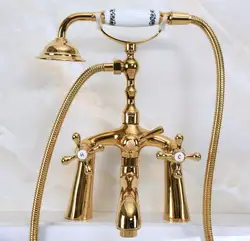 Золото Цвет Латунь Double Cross ручки на бортике Ванная комната Clawfoot ванной кран смесителя w/ручной душ ana144