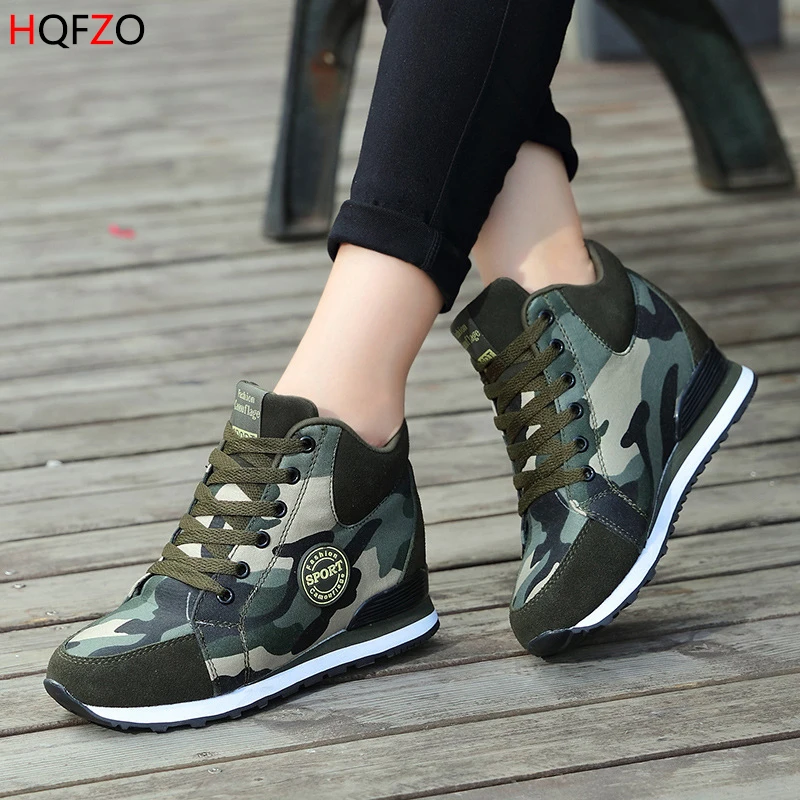

HQFZO Canvas Camouflage Increase Trainers Chunky Heels 6.5 cm Women's Platform Sneakers Women Shoes Casual Female Shoes