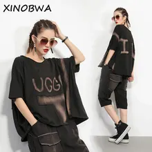 Европа Новинка Летняя женская уличная мода с буквенным принтом винтажная свободная Черная футболка Топы женские индивидуальные футболки