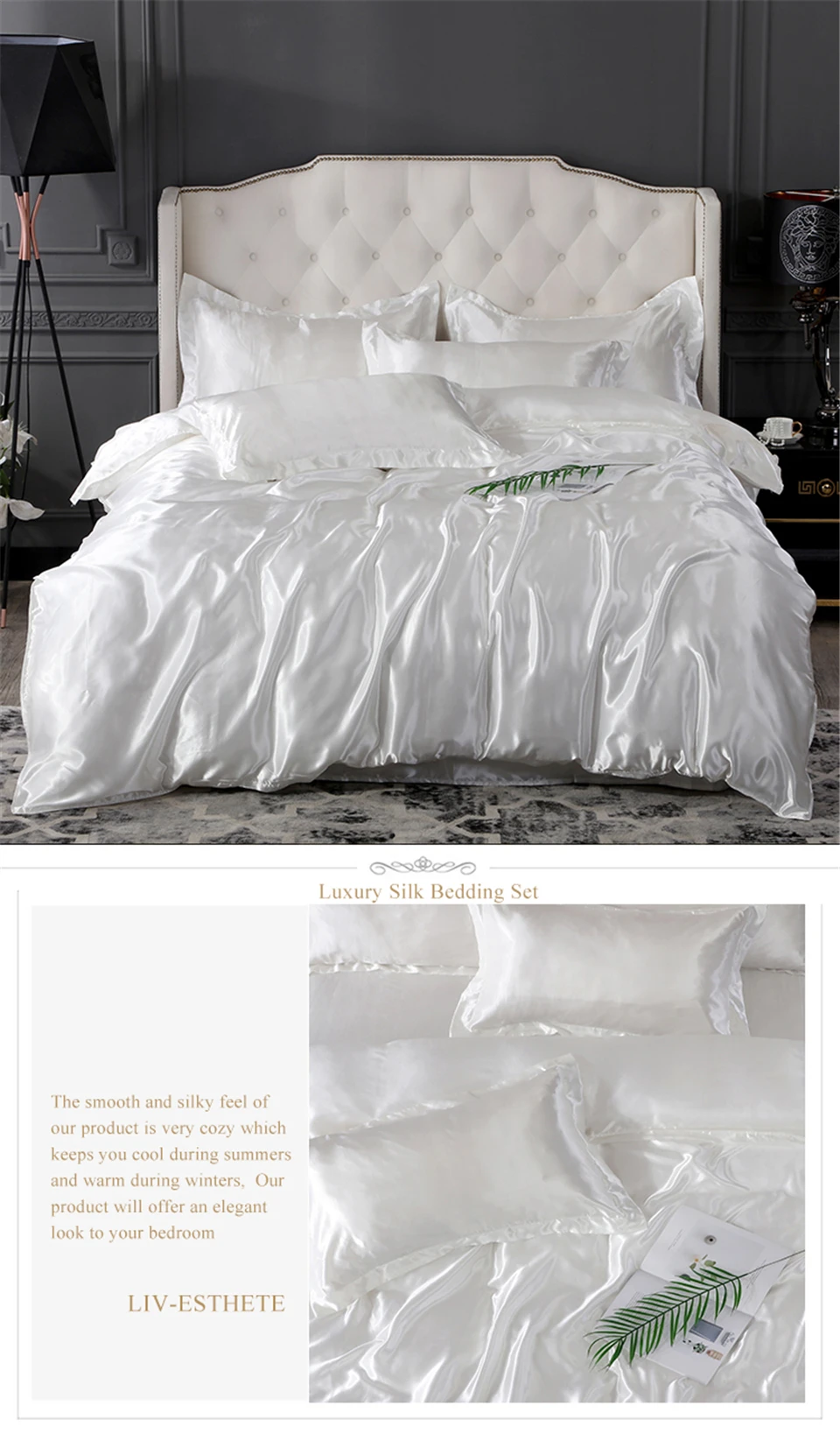 Liv Esthete Luxury White Satin Silk Bedding Set Silky Duvet Cover