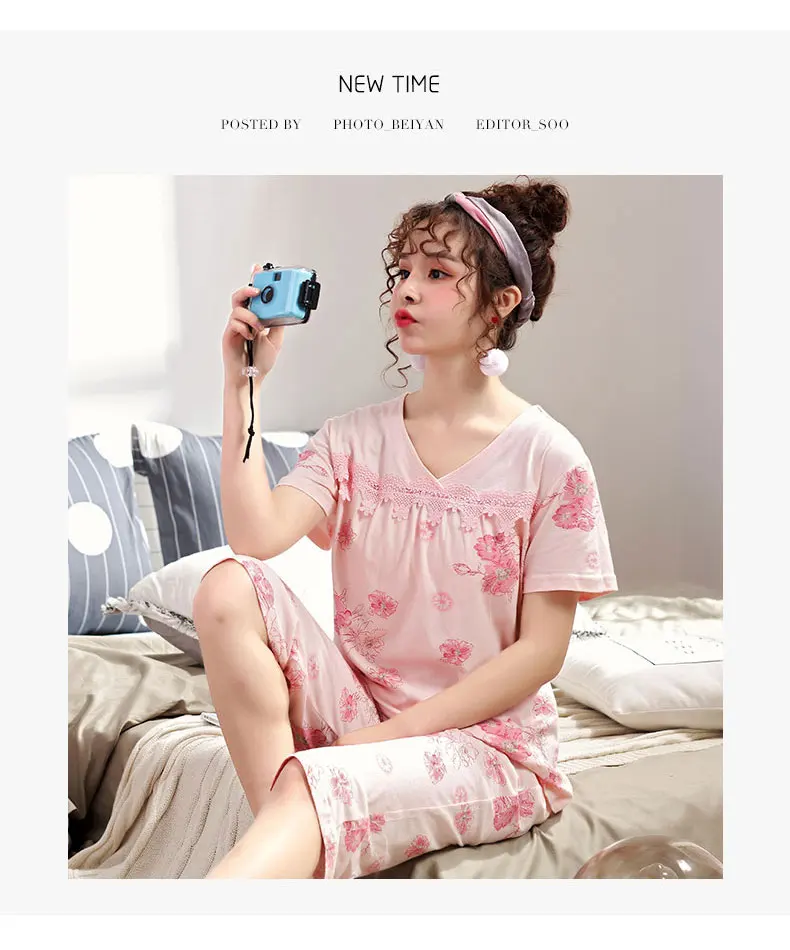 Кружевная аппликация v-образный вырез элегантная Домашняя одежда 100% хлопок плюс размер 4xl цветочный 2019 летние шорты пижамный комплект
