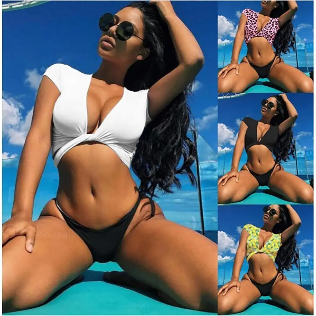 

2019 Sport Ribbed High Waist Bikini Female Swimsuit Women Swimwear Two-pieces Bikini set High Leg Cut Bathing Suit