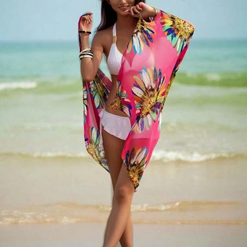 Sift Летняя женская накидка пляжная одежда бикини Солнцезащитная шаль шифон Пляжная шаль большой размер цветочный принт спагетти пляжная туника