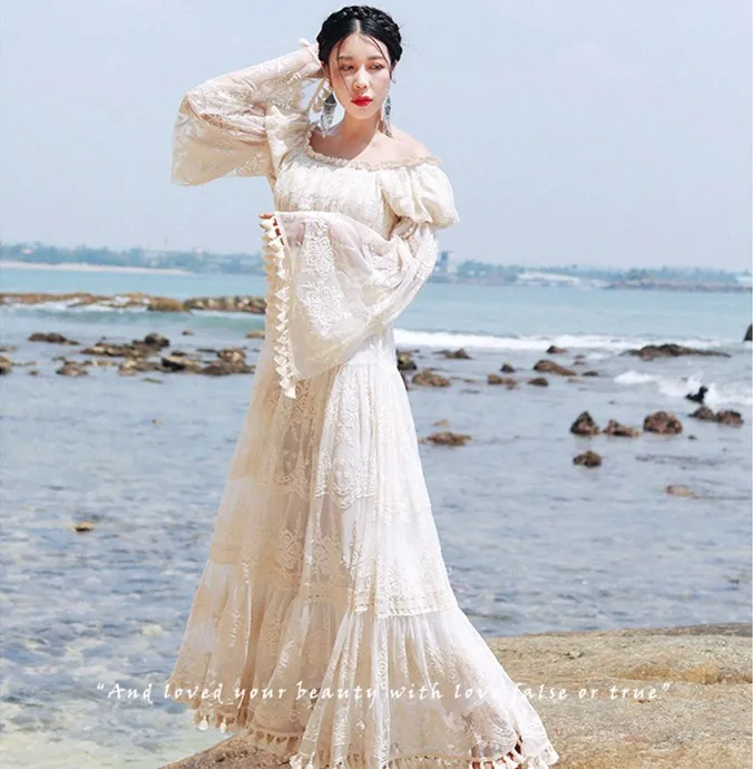 

Women White Lace Long Dress Spring Summer 2019 Elegant Sexy Slash Neck Ladies Embroidery Bohemian Dresses vestido longo modis