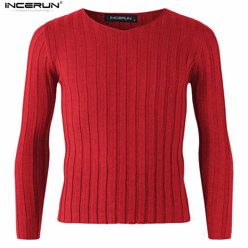 Осень, мужской свитер, вязаный, v-образный вырез, приталенный, длинный рукав, Повседневные свитера, модные, однотонные, теплые пуловеры, мужские топы, плюс размер 3XL - Цвет: Red