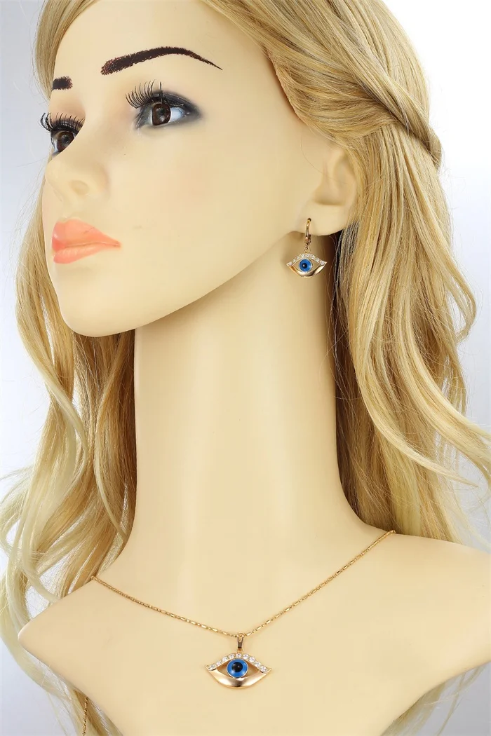 Yellow Gold Color Blue Evil Eyes Cluster CZ Statement Pendant Necklace Dangle Earrings Egypt Jewelry Sets Bijoux for Women|earring fittings|earring