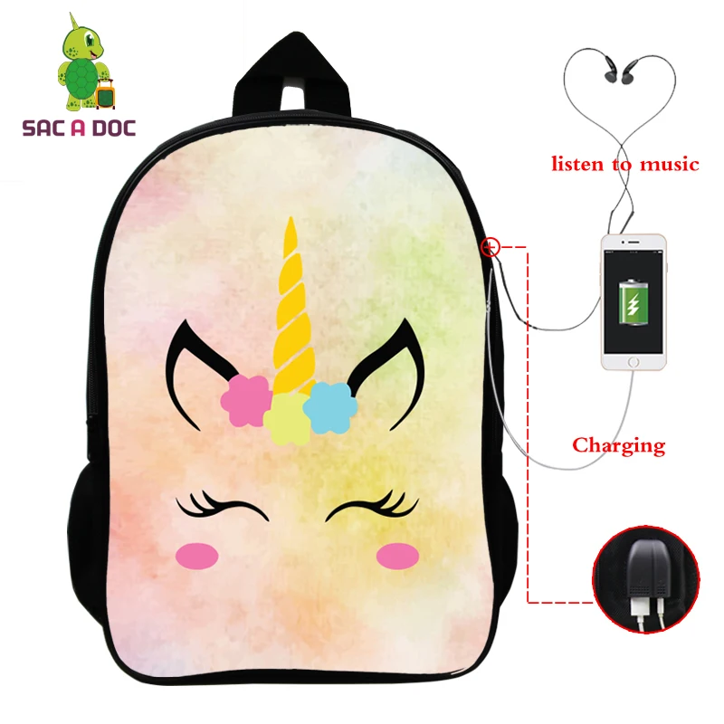 Рюкзак с единорогом Mochila Unicornio, рюкзак для ноутбука, рюкзак для подростков, женщин, мужчин, повседневный рюкзак с изображением Галактики, школьные сумки для путешествий, USB зарядка - Цвет: 1