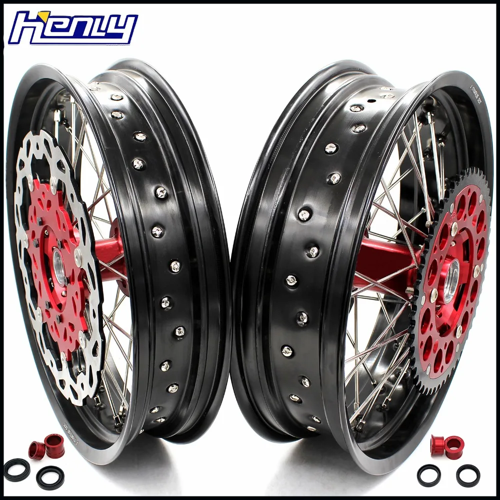

3.5/4.25 Supermoto Motard Wheels Set For HONDA XR650R 2000-2008 Silver Discs Red Hub Red Sprocket