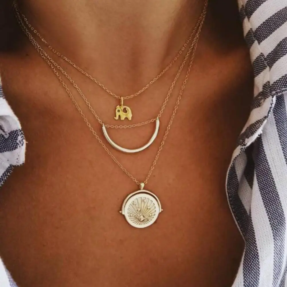

Vintage Elephant Crescent Planet Women Multilayer Chain Necklace Jewelry Gift