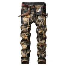 Мужские джинсы повседневные нашивки с разрезами байкерские джинсы модные плиссированные Лоскутные тонкие прямые джинсовые брюки Homme длинные брюки