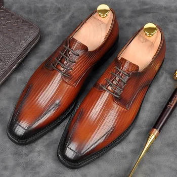 

High Quality Formal Dress Men's Derby Oxfords Shoes Luxury Brand Genuine Leather Square Toe Goodyear Wedding Party Flats AM287