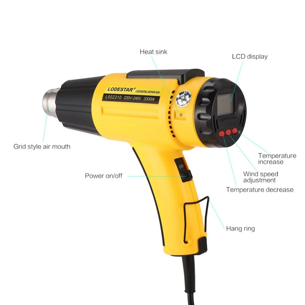 L502310 220V 2000W LCD Digital Electric Hot Air Heat Gun Temperature Fan Adjustable Shrink Wrap Paint Stripper Tool With Nozzle