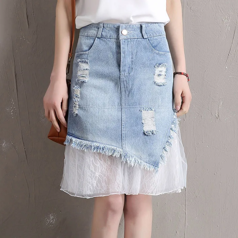 denim blue Весенняя юбка для женщин кружево Чистая Пряжа шить джинсовая юбка лето рваные с высокой талией трубы/Русалка короткая JIA178 - Цвет: denim blue