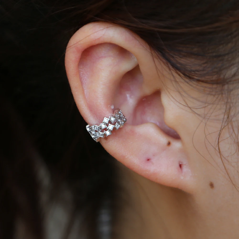 

fahsion tiny cute tow line cz paved ear cuff earrings with gold color plated silver for OL casual high street party earrings