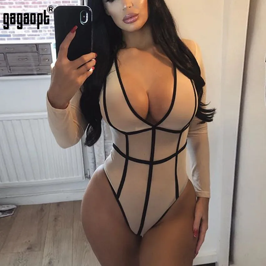 Gagaopt 4 ألوان طويل كم ارتداءها النساء أزياء خليط مثير ارتداءها V الرقبة منظور شبكة ارتداءها بذلة وزرة Gagaopt 4 ألوان طويل كم ارتداءها النساء أزياء خليط مثير ارتداءها V الرقبة منظور شبكة ارتداءها بذلة وزرة