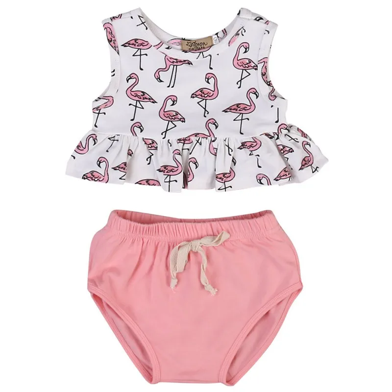

Newborn Infant Baby Clothes Bottoms Ruffles Outifts T-shirt+Bloomer Sleeveless 2Pcs/set Girl Sunsuit Flamingo New