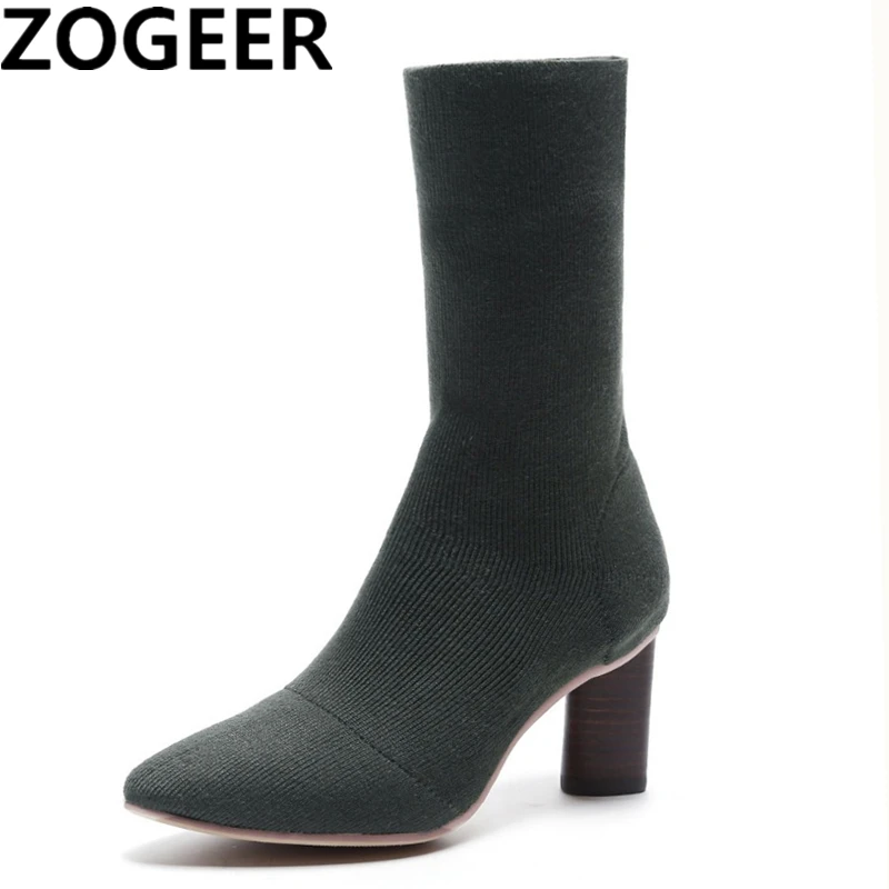 

2018 New Autumn Women Sock Boots Pointed Toe Elastic High Boots Slip On High Heel Mid-calf Boots Women Pumps Stiletto Botas