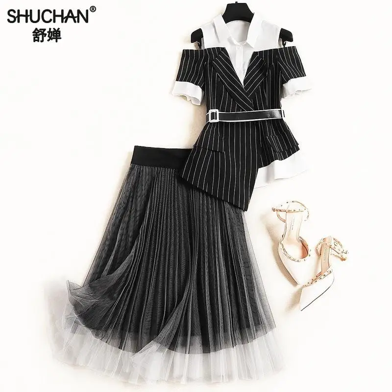 

Shuchan Designer Women Suit 2019 High Quality New Streetwear Top+pleated Skirts Mesh Mid-calf 2 Piece Set Women clothing 50861