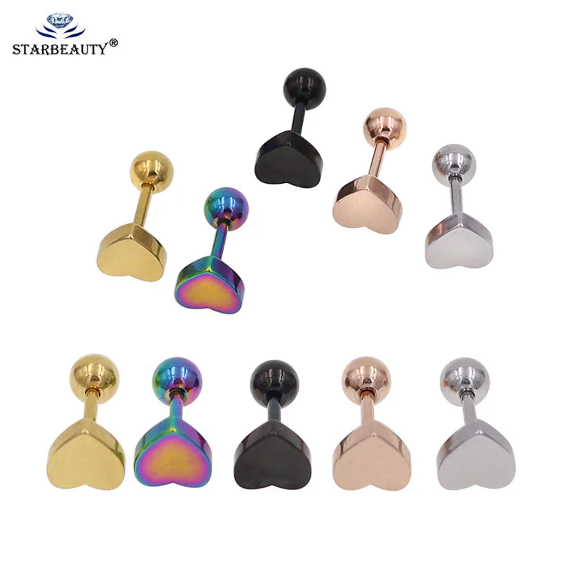 

2Pcs New arrival 5 Colors heart Surgical Steel tragus ear piercing plug stainless steel daith earrings helix cartilage studs