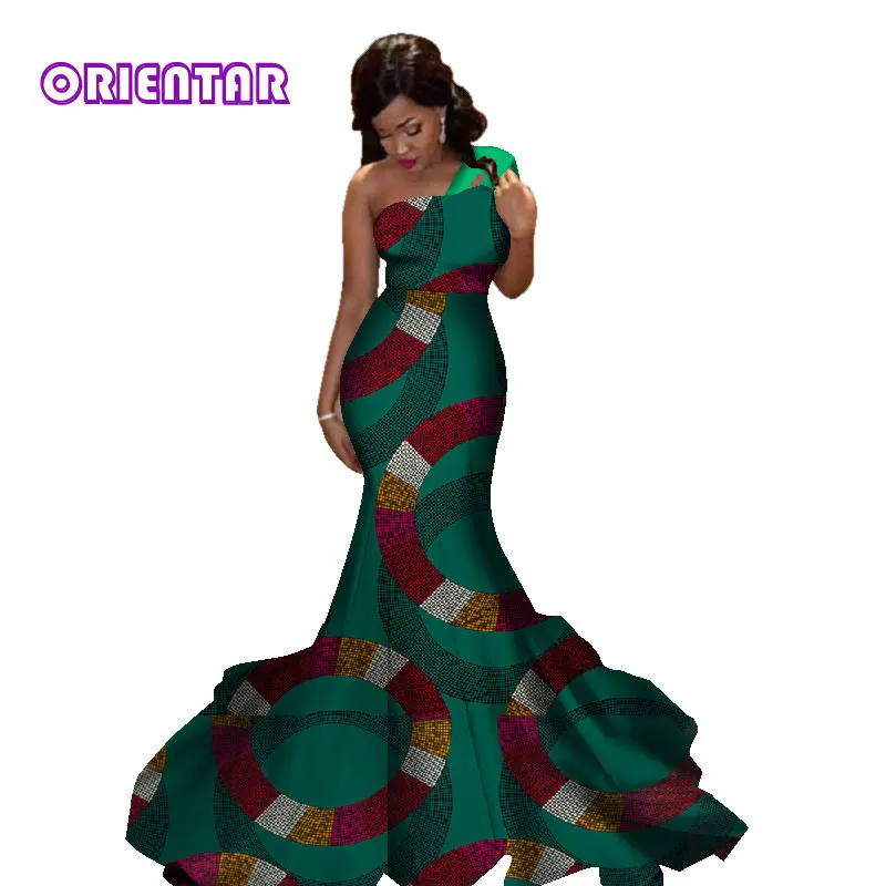 Одно плечо африканские платья для женщин Новые африканские принтованные Хлопковые женские вечерние платья Элегантное Африканское длинное свадебное платье WY2829