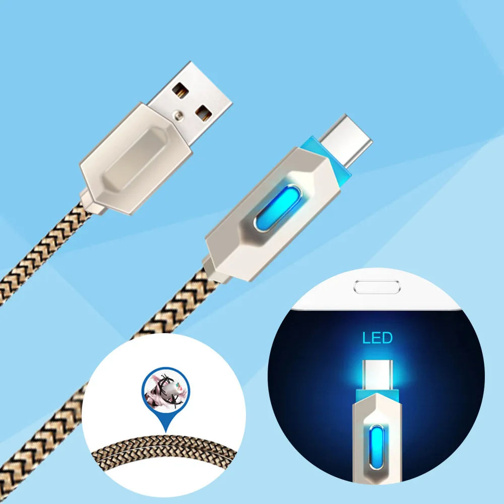 نوع-C سريع كابل الشاحن البسيطة usb كابل للأندرويد مزامنة تمديدات كابلات usb شاحن بيانات سريع النايلون مضفر أضواء LED/z75