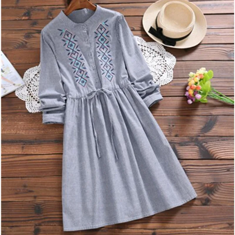 

2018 Autumn New Womens Striped Print Embroidered Shirt Dress Elegant High Quality Long Sleeve O Neck Female Dress With Sashes