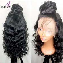 LUFFYHAIR 150% плотность волнистые 13x6 парик фронта шнурка Remy индийские человеческие волосы глубокий парик из натуральных черных предварительно сорванных детских волос