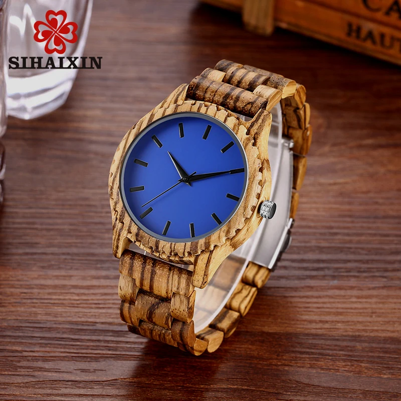 Blue Men Watch Top Luxury Quartz Wristwatches Wooden Strap Male Clock 2