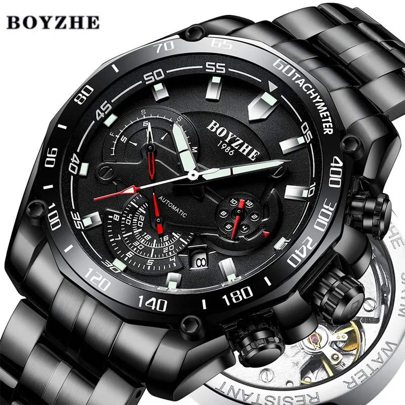 

BOYZHE 2018 Men Automatic Mechanical Watch Luminous Luxury Brand Black Military Sports Stainless Steel Watches Relogio Masculino