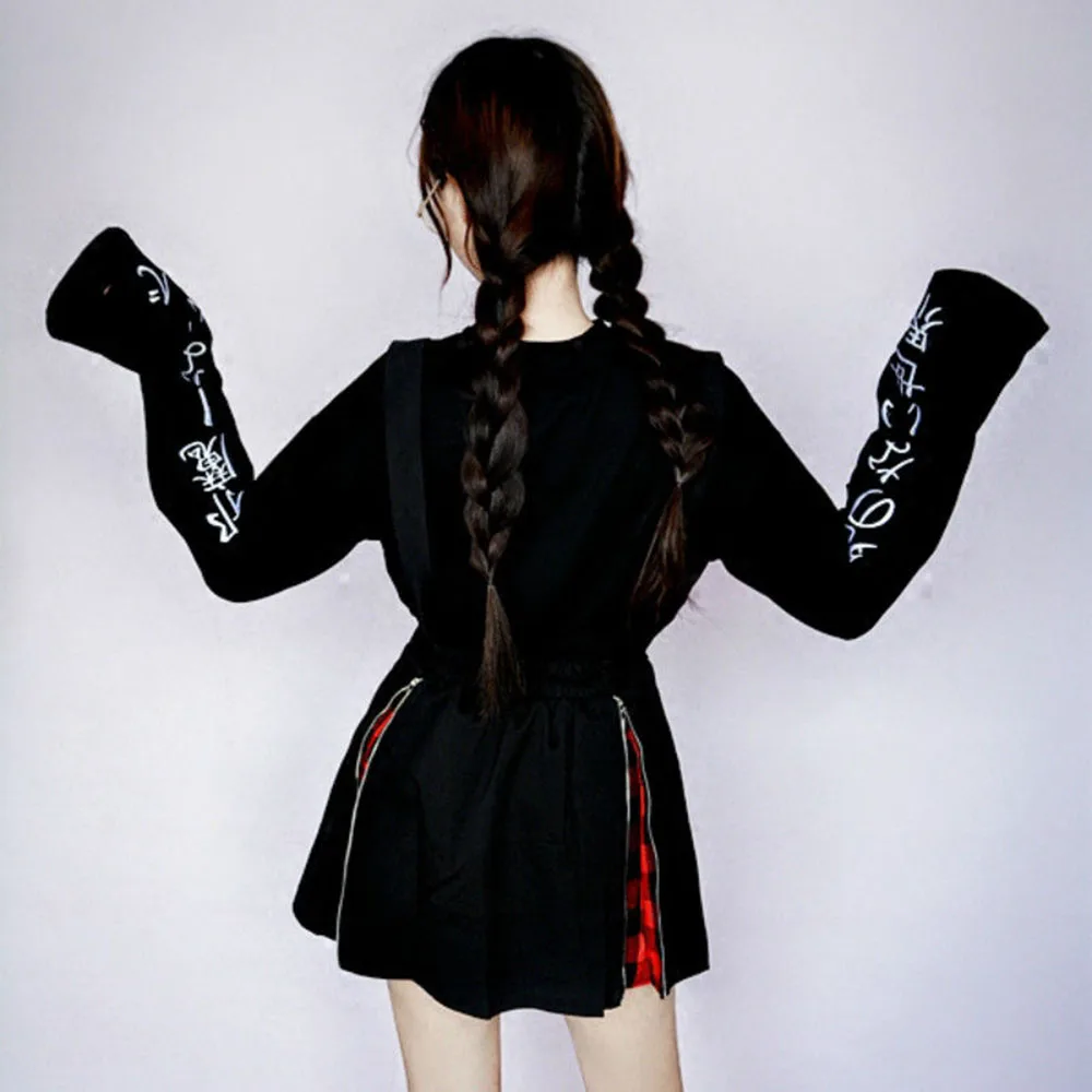 Женская юбка на подтяжках, черная, Harajuku, панк стиль, молния, готический стиль, шикарная, а-силуэт, мини юбки, сетка, новинка, длина до колена, Весенняя мода 906-328
