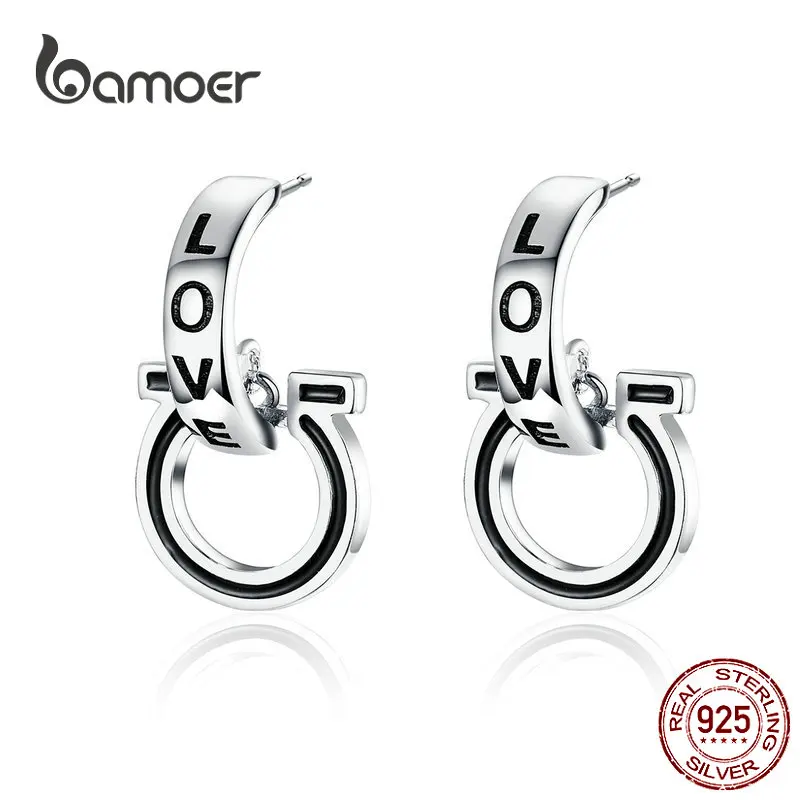 Bamoer, серьги-гвоздики в стиле панк с замком для женщин и мужчин, 925 пробы, серебристые, черные, с гравировкой, серьги, высокое качество, модные ювелирные изделия SCE664