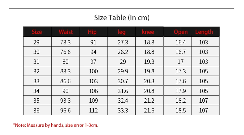 Casula Pants Size Table