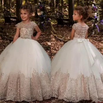 

Luxury Champagne Lace Appliqued Flower Girl Dresses Jewel Neck Floor Length Girls First Communion Dresses Pageant Birthday Gown