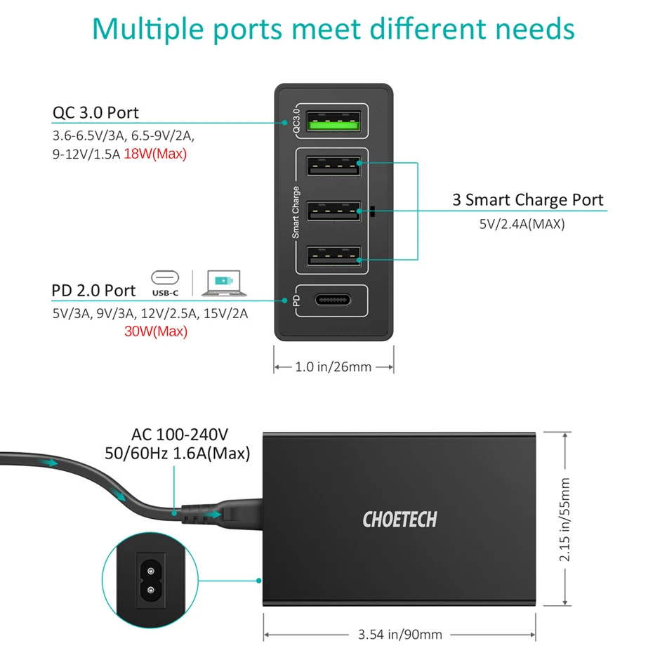 Зарядное устройство CHOETECH Quick Charge 3,0 USB 60 Вт QC3.0 QC Turbo Быстрая зарядка мультирозеточный мобильный телефон зарядное устройство для iPhone samsung Xiaomi