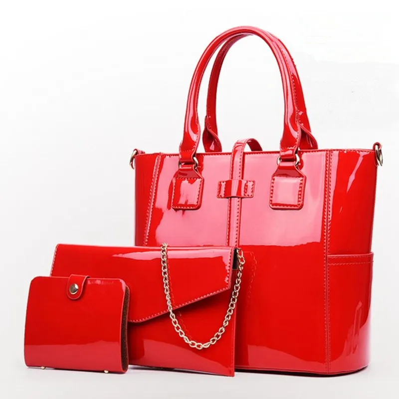 Женская композитная сумка из лакированной кожи, 3 комплекта, известный бренд, дизайнерская сумка через плечо, женская сумка-мессенджер, тоут, кошелек для карт, высокое качество - Цвет: Red