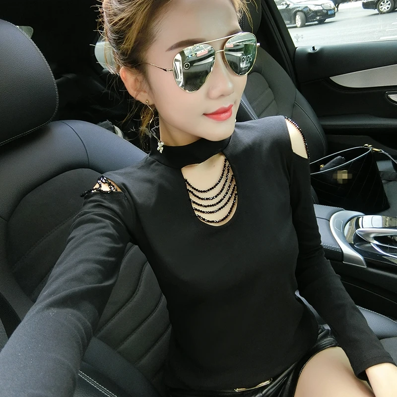 

Black T-shirt Women Autumn 2019 Off-shoulder Hollow Out Diamonds Chains Long Sleeve Shirt Tops For Women T96791