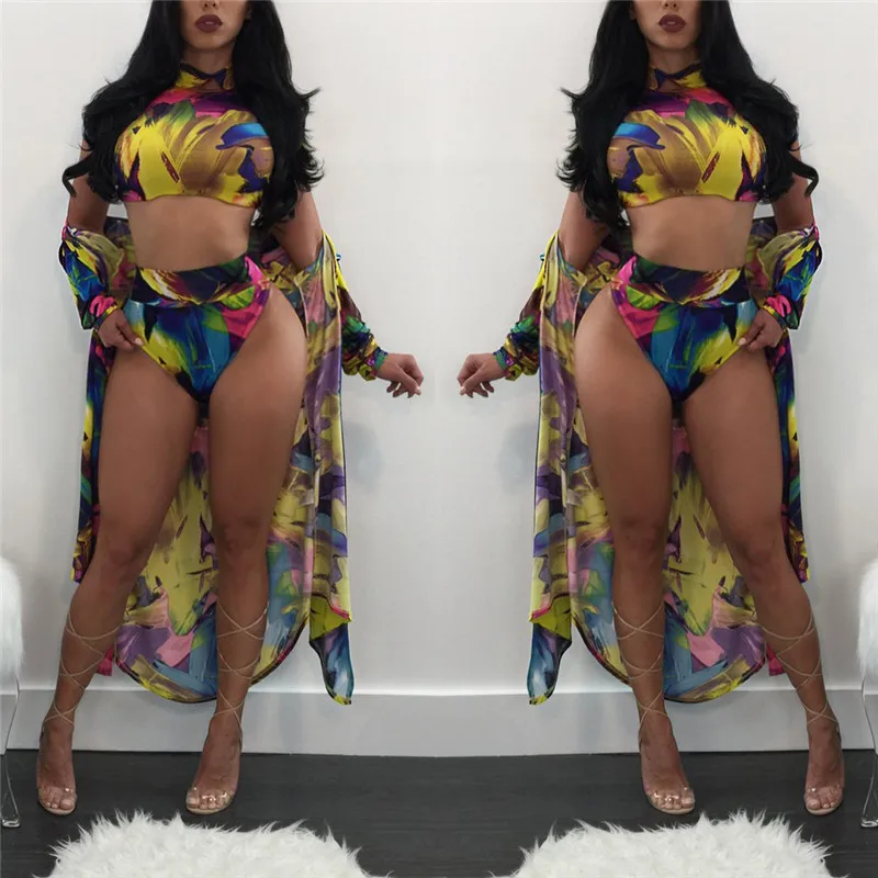

2018 Three Pieces Bikini Set High Waist Bathing Suit Sexy Short Sleeves Swim Suit Print High Neck Beachwear Biquinis Plus Size