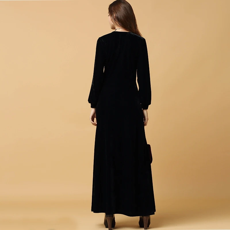 Black Velvet Long Sleeved Plunge Neck Maxi Dress