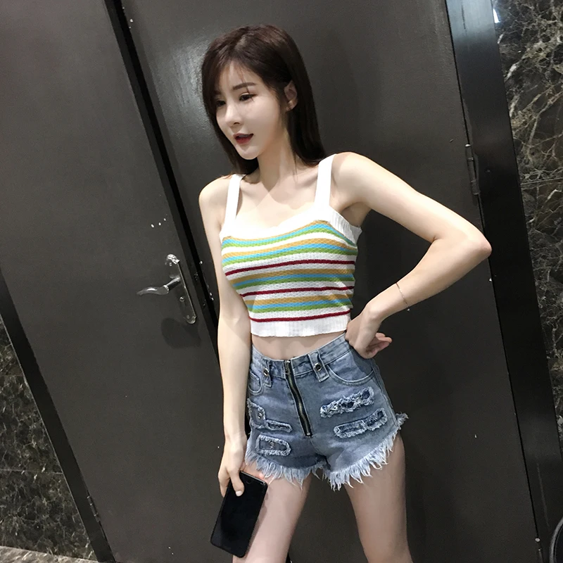 New Summer Colorful Striped Women Tank Tops High Waist Knitted Slim Short Section Women Camis Rainbow Sexy Tank Tops New Summer Colorful Striped Women Tank Tops High Waist Knitted Slim Short Section Women Camis Rainbow Sexy Tank Tops