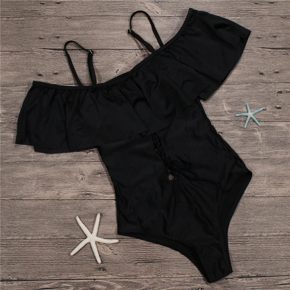 

2018 Black White Pink Bandage Ruffle One Piece Swimsuit Strappy Suits Lace Up Off Shoulder Sexy Bathing Suit Vintage Monokini