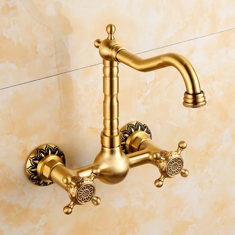 Brass Polished Wall Mounted Kitchen Faucet Mixer Tap Sink Basin faucet Double Handle Swivel Spout Cold