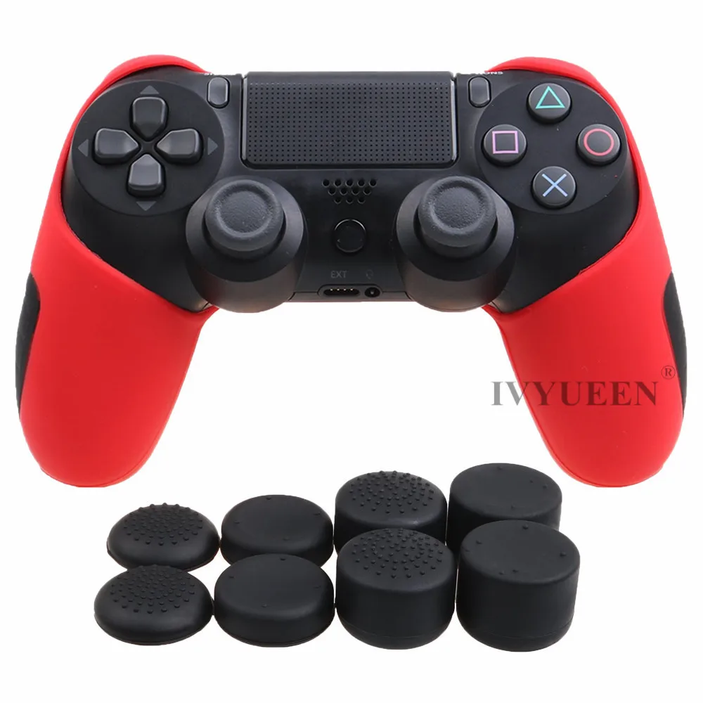 IVYUEEN Толстая Половина кожи для playstation Dualshock 4 PS4 Pro тонкий контроллер силиконовый чехол с 8 колпачками - Цвет: Красный