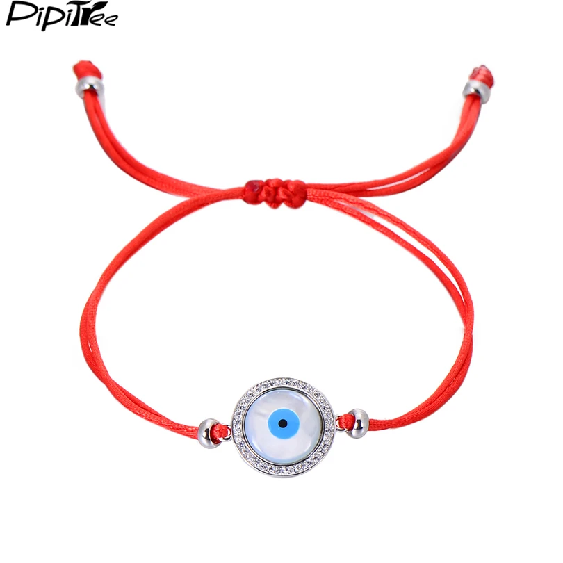 

Pipitree Round Natural Shell CZ Evil Eye Charm Bracelet Black Red String Rope Braided Bracelets for Women Men Adjustable Jewelry