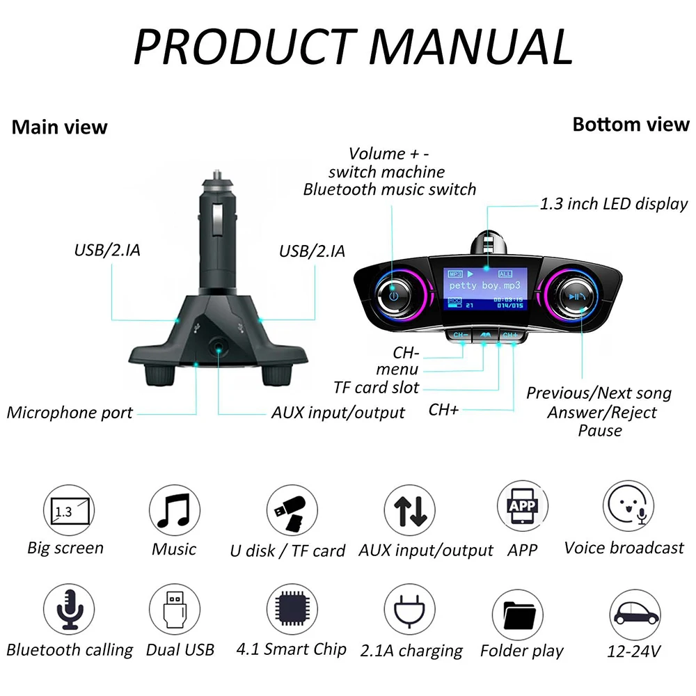 Беспроводной fm-передатчик Bluetooh Автомобильный MP3-плеер Hands-Free автомобильный комплект Беспроводной радио аудио адаптер с двумя USB 5В 2.1A USB Порты и разъёмы U диск